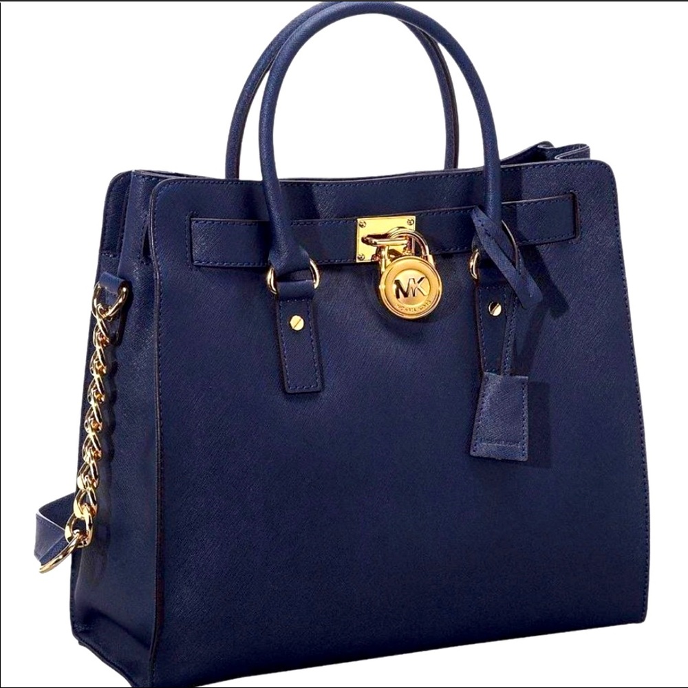 MICHAEL KORS Hamilton Lock and Key Navy Leather Tote